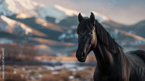 Black stallion with long mane run fast against dramatic sky in snow 