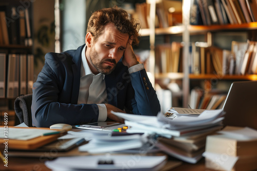End-of-Day Fatigue, Disheartened Businessman Amidst Office Paperwork