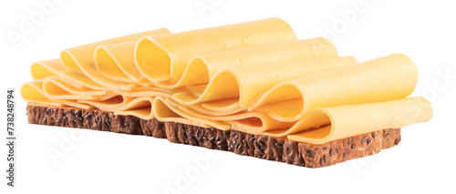 open sandwich two slices of wholemeal bread with several slices of cheese folded isolated on yellow background front view