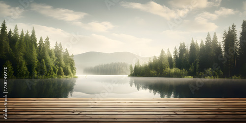 Wooden table against misty forest lake in front mountain landscape