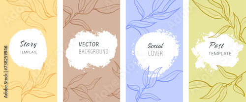 Charcoal swirls crayon illustrations in pastel colors with elegant tropical leaves and charcoal smears.Vertical abstract backgrounds set. Vector social covers templates with copy space for text. 