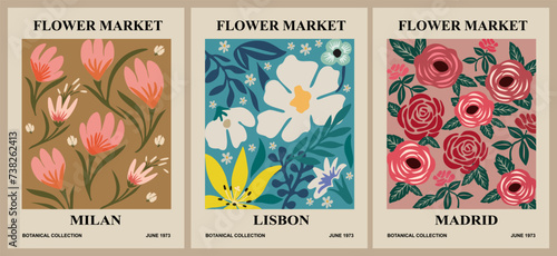 Set of abstract Flower Market posters. Trendy botanical wall arts with floral design in danish pastel colors. Modern naive groovy funky interior decoration, painting, print. Vector art illustration.