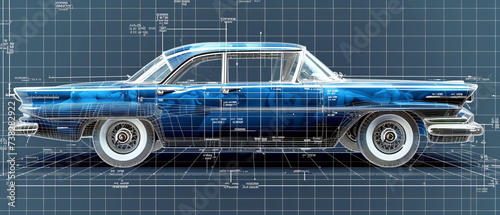 2D technical schematic of a car, blue and white,generative ai