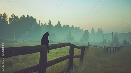 A black cat sits on a fence in an abandoned village on an early foggy morning. Peaceful landscape of the countryside. Illustration for cover, card, interior design, poster, brochure or presentation.