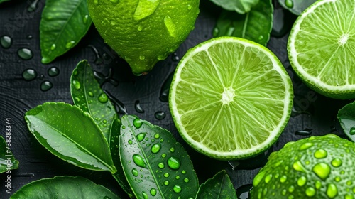 Close up of fresh limes covered in water, top view of vibrant healthy vegetables on food background