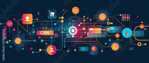An illustration of a microchip on a circuit board with "CRM" stylized using customer icons and interaction symbols, representing the concept of Customer Relationship Management.