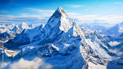 Beautiful view of mount Everest. Mountain landscape with snow and clear blue sky, Himalayas, Nepal. 