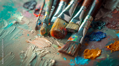 A row of weathered, wooden artist's paintbrushes resting on an artist's palette splattered with vibrant colors