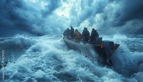 Brutal men team departing in motor boat vessel heading in open stormy sea for night fishing. Hard men's work and Natural resources concept image.