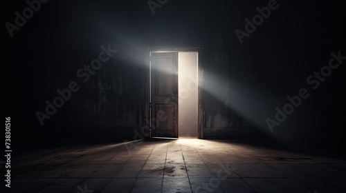 Rays of light enter a dark room through a half-open door. Concept of hope