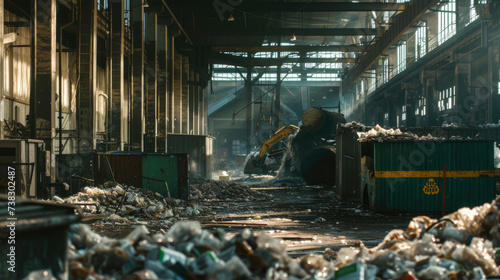An indoor factory building filled with pollution, its ground littered with heaps of garbage, depicting the harsh reality of our wasteful society