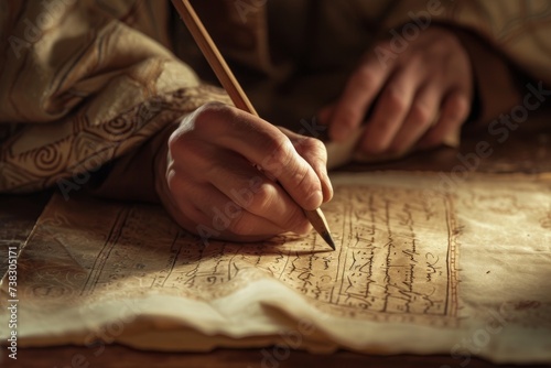 A scribe writing meticulously on a piece of parchment, symbolizing the preservation of wisdom and knowledge.