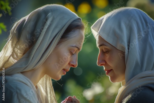 A serene and profound image of Mary and Elizabeth meeting, their joy and mutual support symbolizing the deep connection of faith and family.