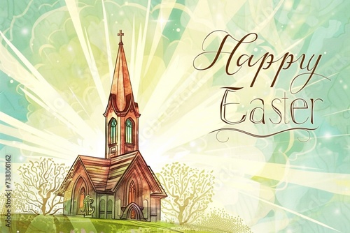 : A vintage-inspired Easter card with a classic illustration of a church steeple and stained glass window bathed in warm sunlight, accompanied by a heartfelt "Happy Easter" message