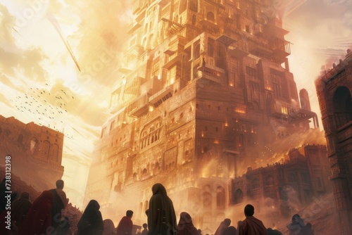 An atmospheric depiction of the Tower of Babel with people speaking different languages, showcasing the diversity of humanity and the origin of cultures.