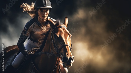 Determined woman jockey on racing horse, action filled scene. Concept of speed, equestrian competition, horse training, and sporting events. Copy space