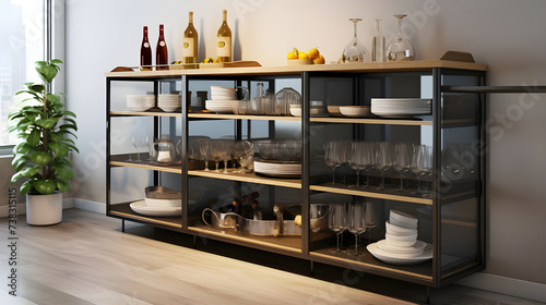 A sleek multipurpose storage rack in a dining room, displaying dishes, glassware, and serving platters, adding functionality and style to mealtime gatherings.
