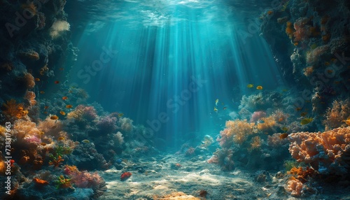 Underwater view of coral reef with fishes and rays of light. wallpaper, banner, copy space