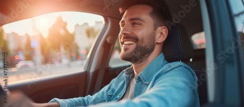 Pleased man sitting in new car, smiling happily, gazing outside.