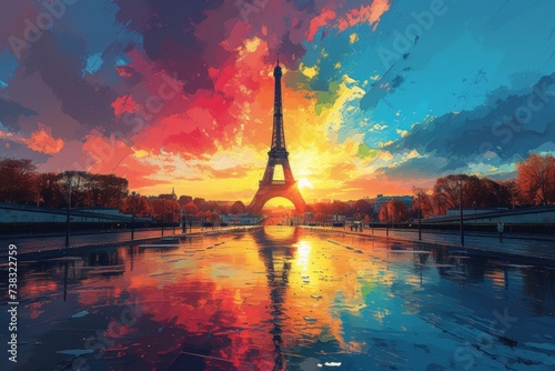 Vibrant sunset over Eiffel Tower in an artistic Parisian scene
