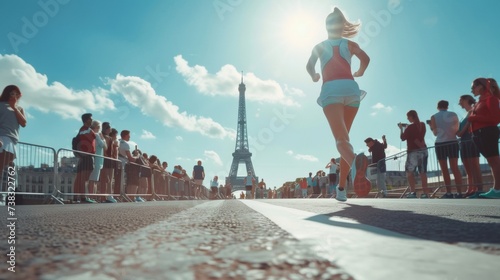 Female athlete running marathon in Paris with Eiffel Tower in background