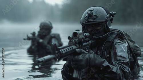 Soldados de las fuerzas especiales del ejercito por el agua en un día tormentoso