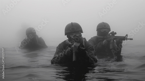 Soldados de las fuerzas especiales del ejercito por el agua en un dia de niebla