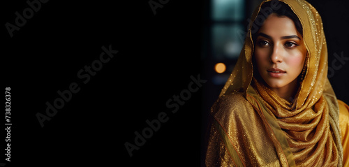 Indian woman in a yellow sari on a black background.