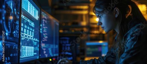 At night, a female hacker in a basement uses a computer to carry out cyber attacks involving phishing, malware, database breaches, password breaches, and ransomware on a digital transformation network