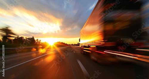 Big truck with fast going with Trailer on the evening highway toward sunset sky. International cargo delivery, transportation industry beautiful wide angle blurred motion shot.