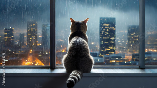 The cat sits on the window sill and looks out at the skyscrapers on a rainy night.