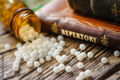 White homeopatic pills or globules spilled from a glass bottle, with homeopathic repertory book in the background