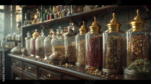 A row of antique glass apothecary jars with metal lids, each containing different herbs and spices