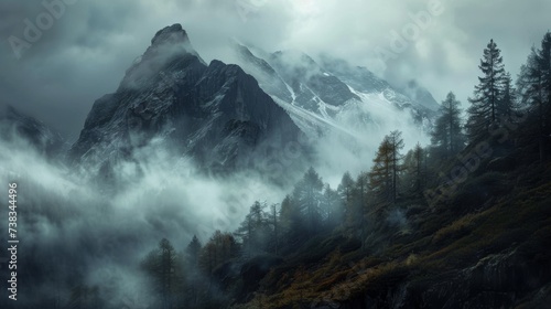 A serene landscape of a misty mountain range enveloped in fog, with towering trees reaching for the cloudy sky, evoking a sense of wilderness and mystery in this highland terrain