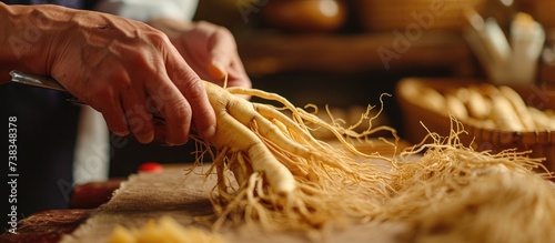 Examining ginseng root with tongs, a natural examination of raw medical material.
