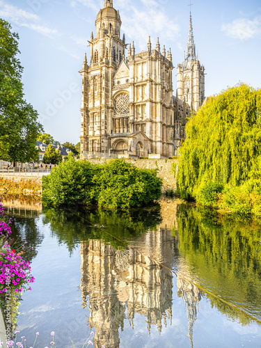 Monumental reflection of Evreux cathedral in Normandy