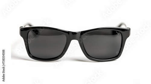 Black sunglasses portrayed against a white background, standing alone.