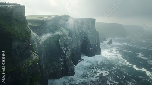 Famous Cliffs of Moher in County Clare Ireland Panoramic image Cliffs of Moher in the fog,, Majestic rock cliffs crash into rough waves