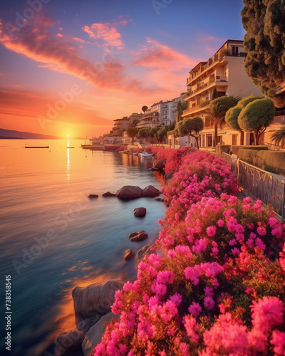 Seafront landscape with azalea flowers. French Riviera, view of stunning picturesque coastal town, sunset