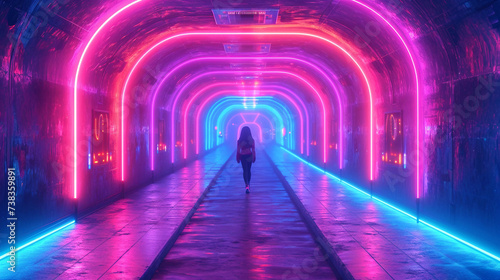 A Woman Walking in a Futuristic Subterranean Corridor Lit by Colorful Fluorescent Lights