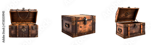 mediaeval opened unlocked and closed locked treasure antique vintage chest with gothic or middle ages pirate crate engravement, old wooden game asset set isolated on transparent png background cutout