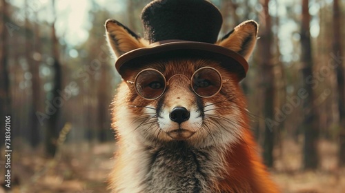 Dapper fox gentleman wearing vintage glasses and bowler hat on Autumn forest outdoor background with copy space.