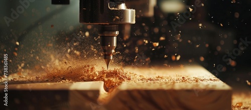 CNC milling machines process wooden boards, creating sawdust that scatters in slow motion.