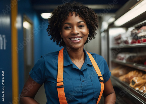Mujer afroamericana trabajadora de supermercado con uniforme y aspecto amigable y confiable