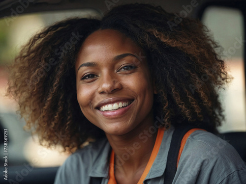 Mujer afroamericana repartidora con atuendo de trabajo dentro de un vehículo y aspecto amigable y confiable