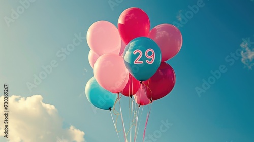 Pastel colored balloons with the number 29 printed. Concept of 29 february leap year day.