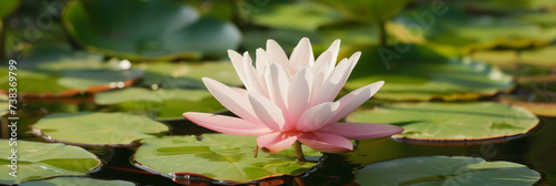 Soft pink lotus flower blooms gracefully on the calm surface of a pond, with green lily pads around it, reflecting the gentle light of a sunny day