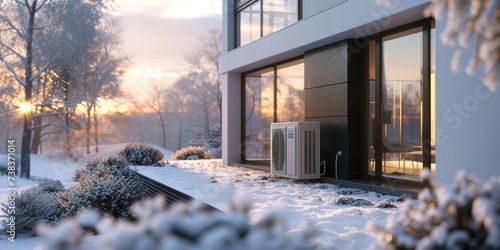Air source heat pump installed outside, Sustainable and clean energy at home.