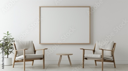 living room featuring an empty frame mockup, accentuating the allure of a white wall adorned with two stylish wooden chairs, embodying simplicity and modern elegance in home decor.