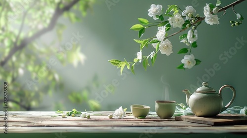 green tea with jasmine in cup and teapot on wooden table on green background